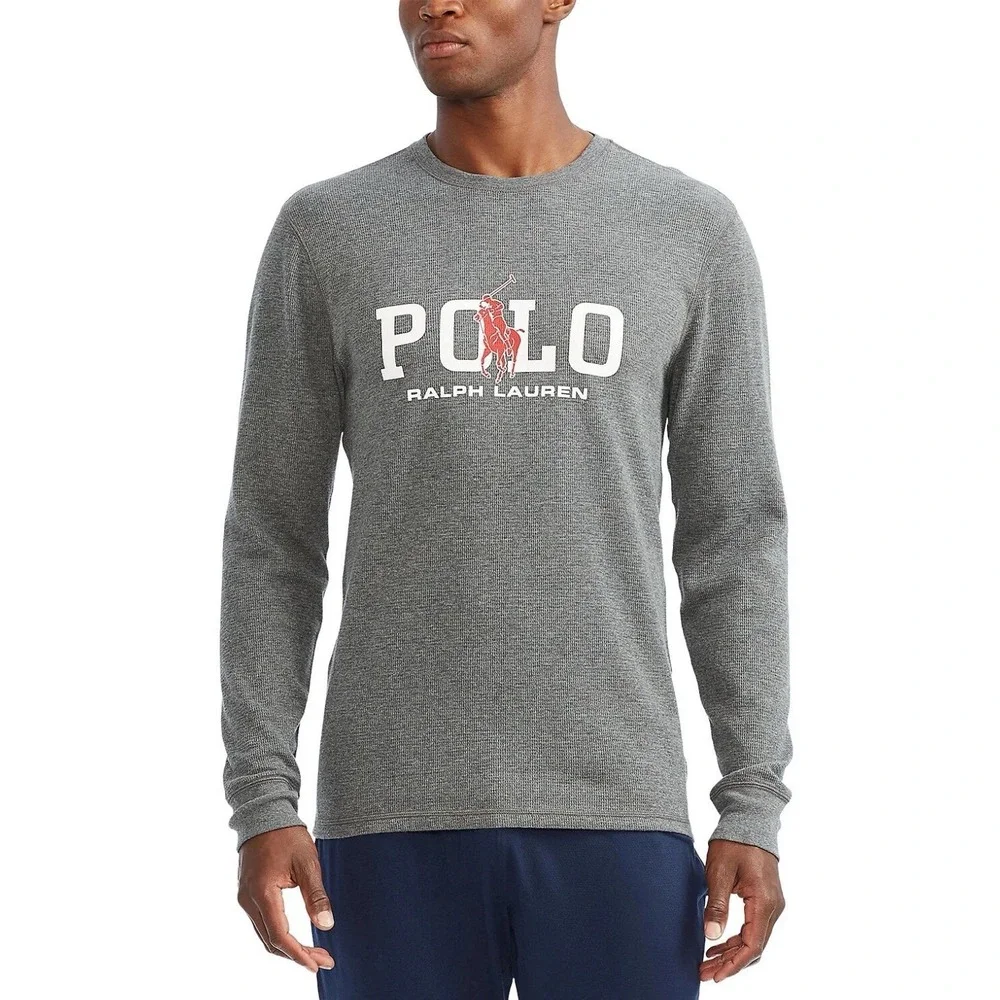 Polo RALPH LAUREN Mens Big Pony Logo Thermal Waffle Knit Shirt Big Tall 1XT Grey